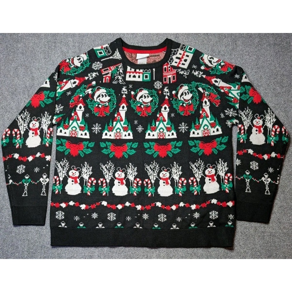 DISNEY Light Up Mickey Mouse Christmas Holiday Knit Sweater Black‎ Size L WORKS